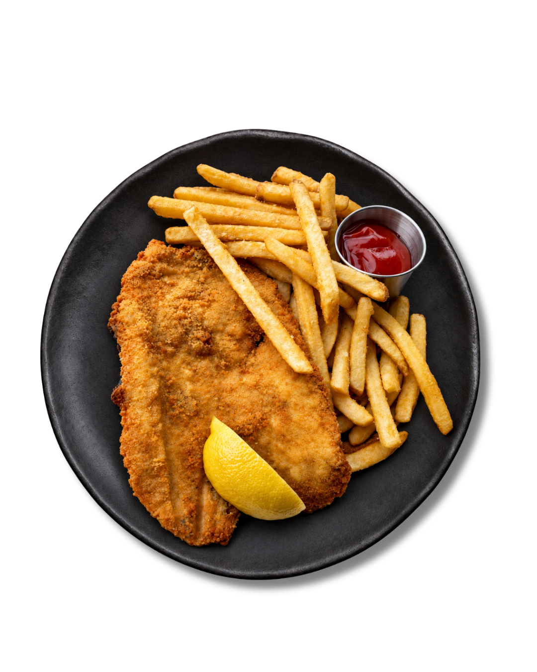 Fuego milanesa with fries and lemon served on a plate